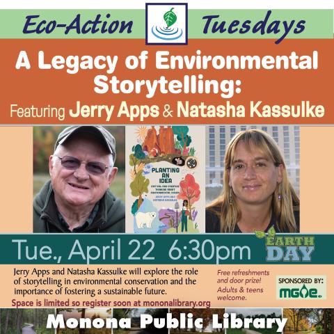 Jerry App, Natasha Kassulke, on an orange background with the book Planting and Idea: Critical and Creative Thinking About Environmental Issues between 