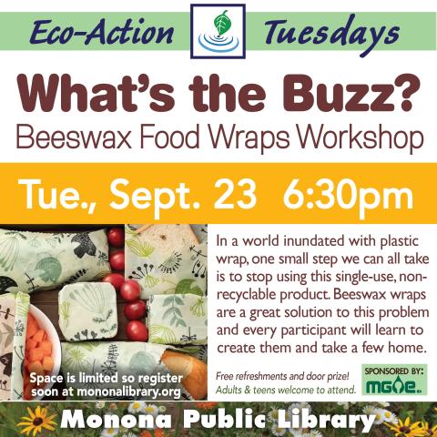 Eco-Action Tuesday Graphic with the logo and a yellow rectangle with the date and time and a photo of a bowl of fruits with beeswax wrapping