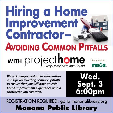 Text: Hiring a Home Improvement Contractor in blue with the image of a house in the upper right corner