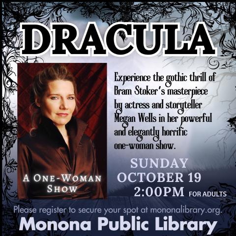 Dracula graphic with gray background and the presenter Megan in a red outfit