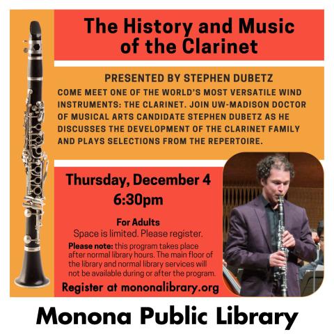 History and Music of the Clarinet on a red and orange background