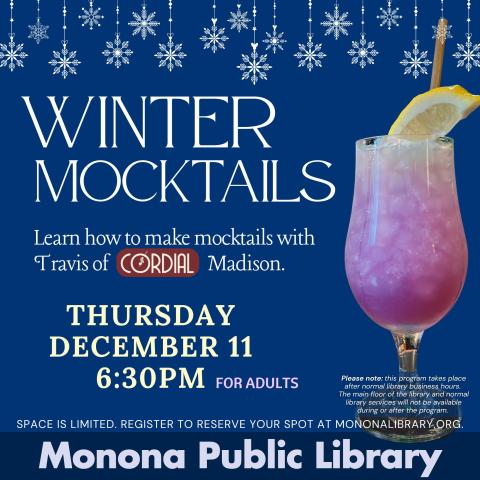 blue background with pink drink in a glass on the left side with the program description 