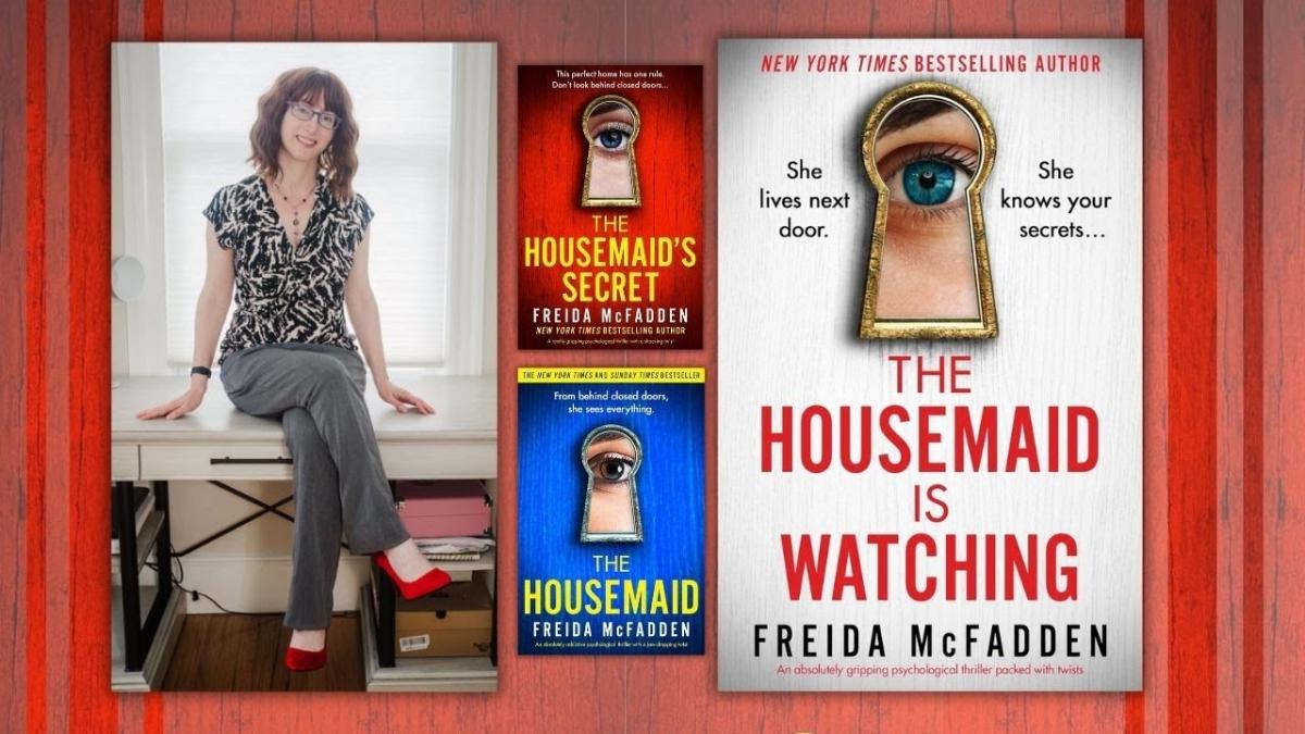 The author Freida McFadden sitting on a desk next to three book covers 