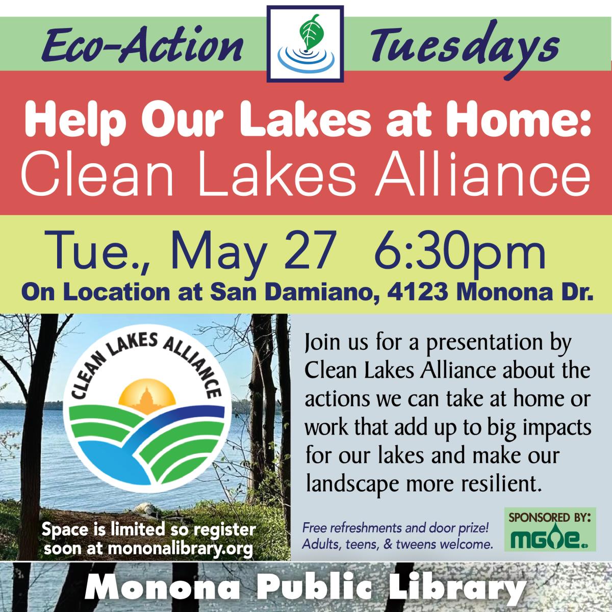 Eco-Action Tuesday Graphic which is a Clean Lakes Alliance logo with on a background of Lake Monona