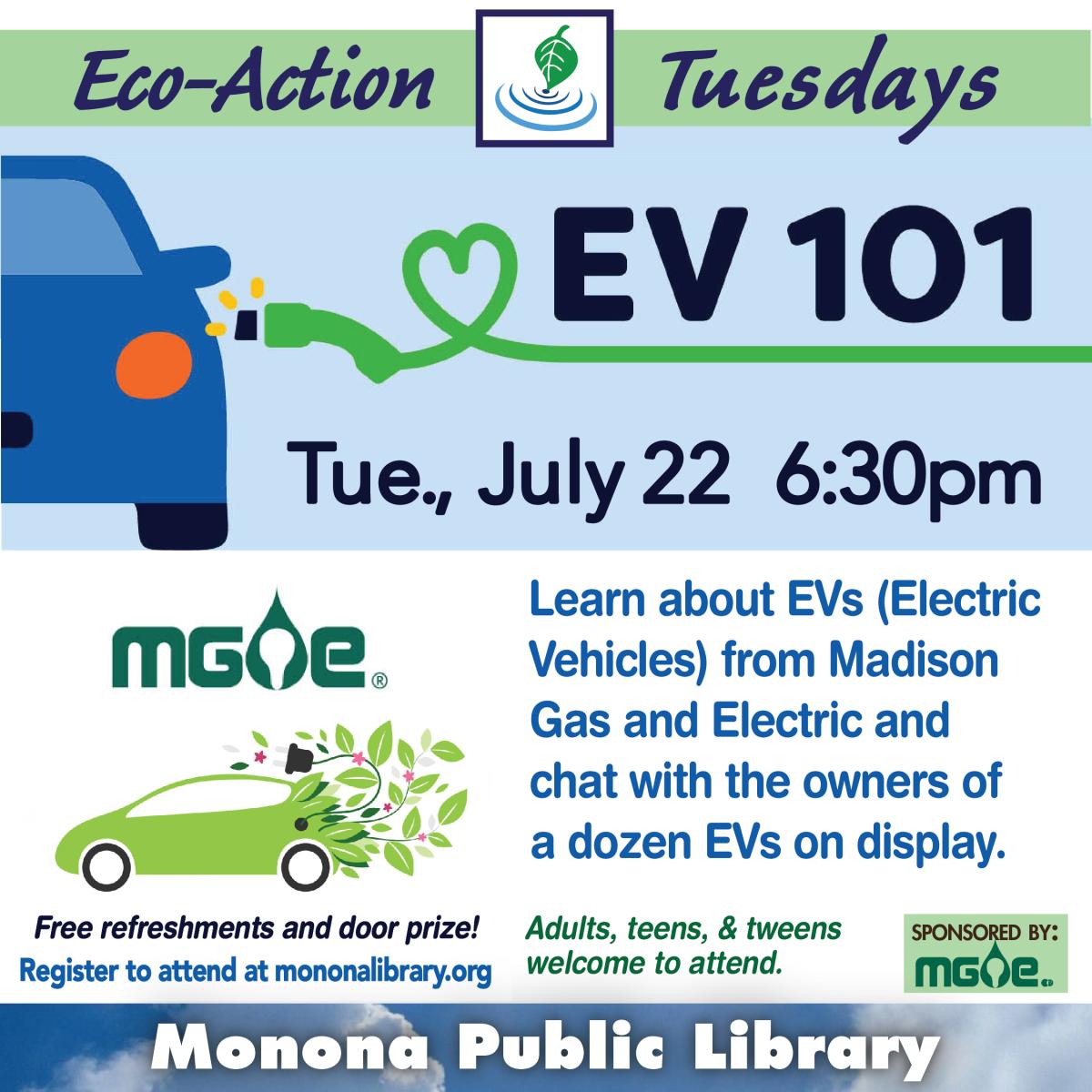 eco action tuesdays logo with a blue car and green electric charging plug and mge logo