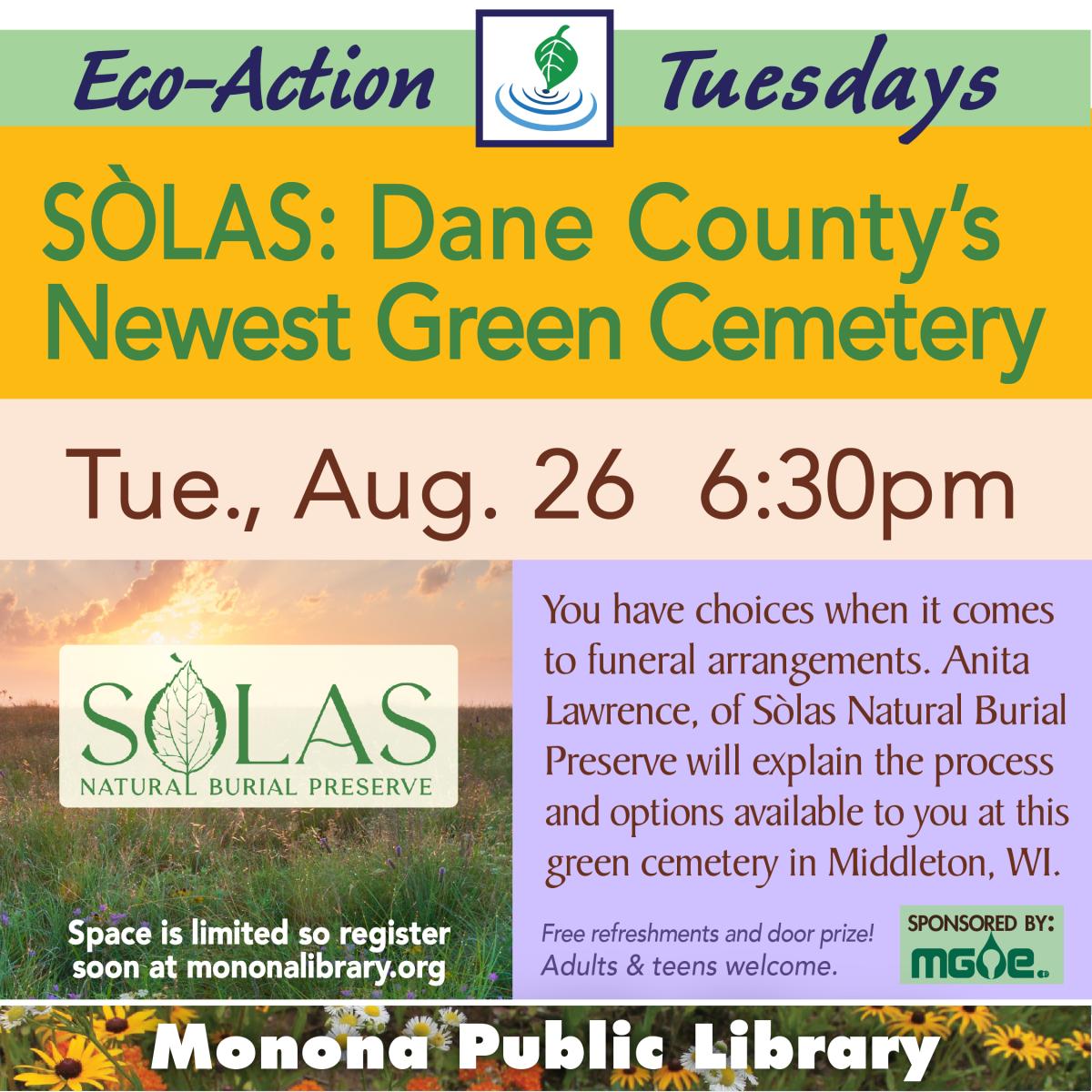 Eco-Action Tuesday Graphic which has the solas logo over a green grass field 