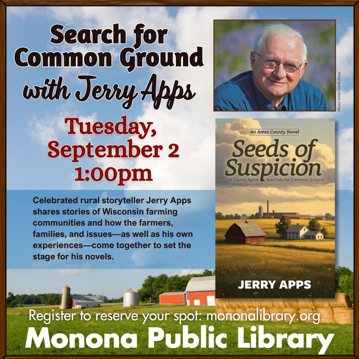 author Jerry Apps on a background with a farm and blue sky