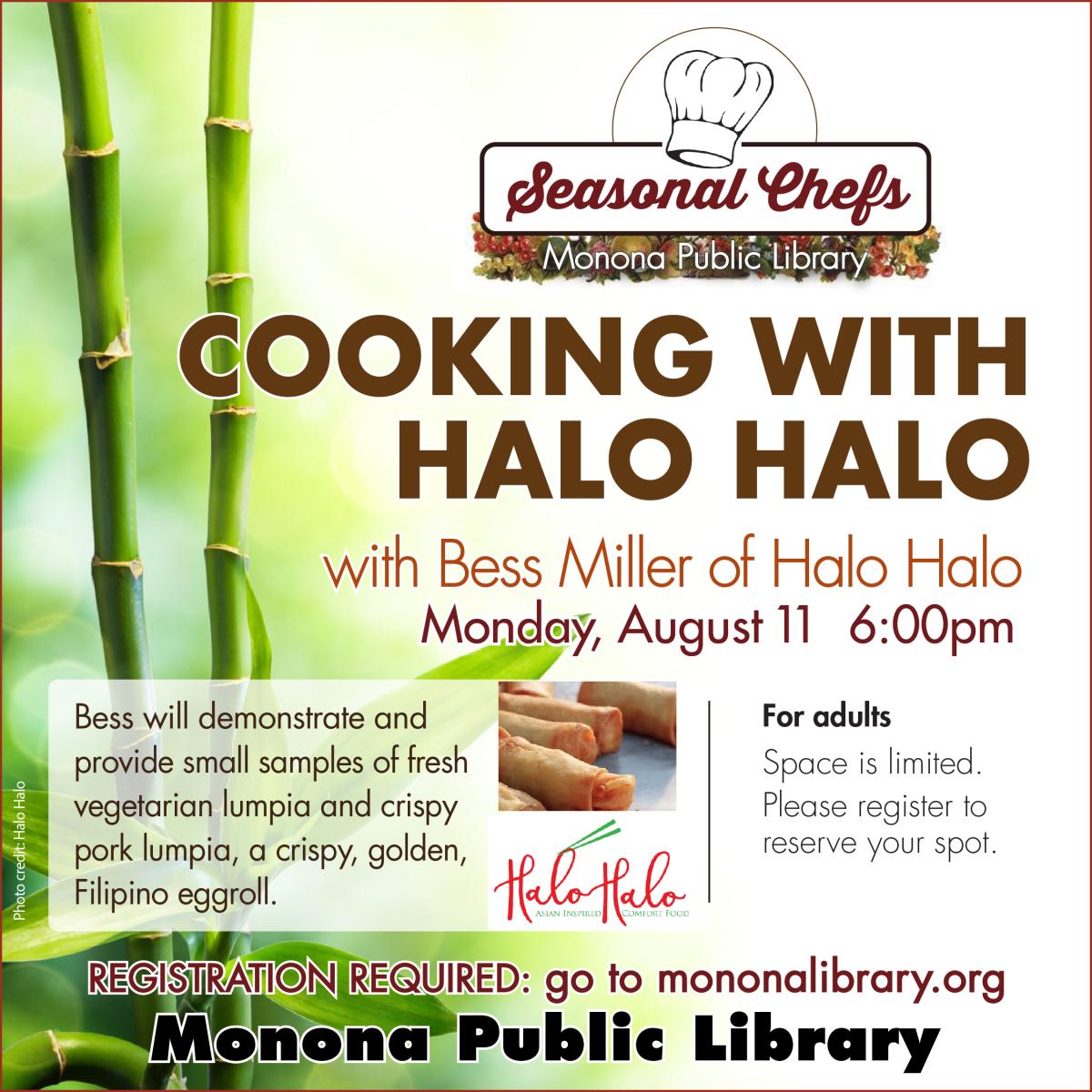 seasonal chefs logo with the words cooking with halo halo over a green and white background