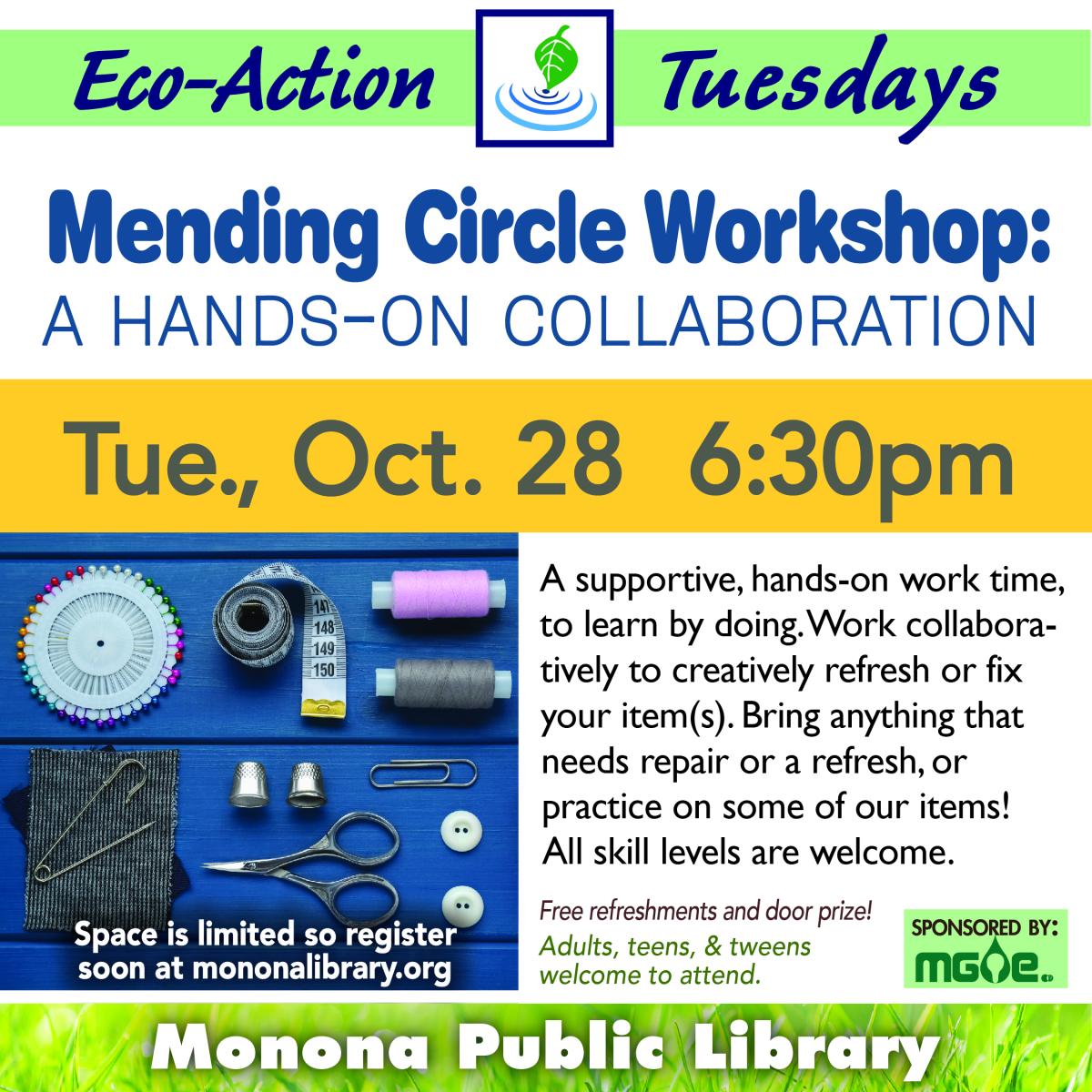 eco-action tuesdays graphic with sewing supplies 